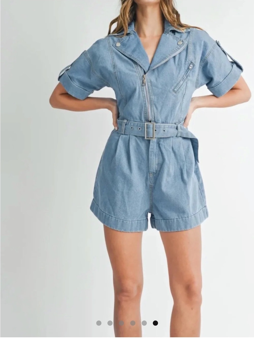 Mable Light Wash Denim Short Jumpsuit Romper with Belt